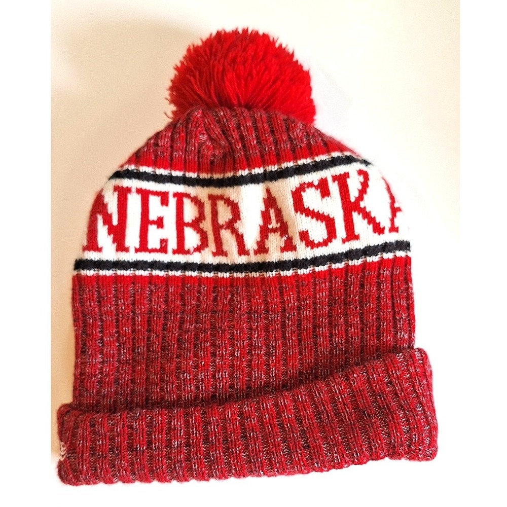 New Era Nebraska Cornhuskers Knit Pom Beanie Hat Red grey Fleece Lined OSFM